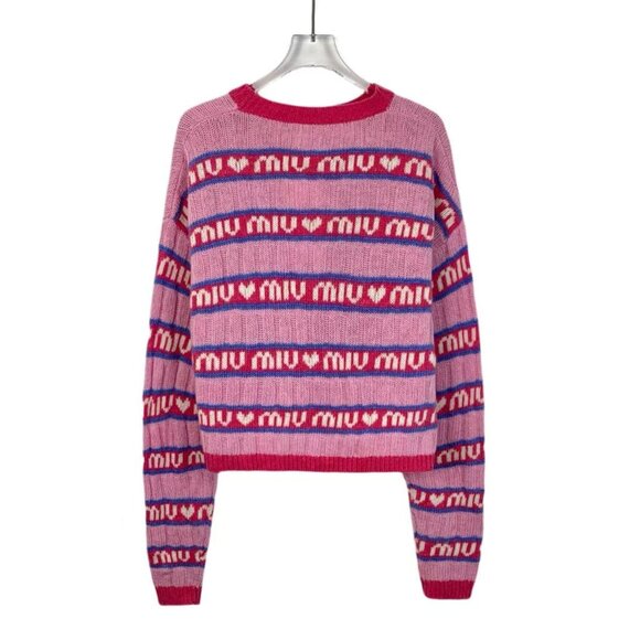 Miu Miu Pink & Purple Striped Knit Wool Sweater With Heart Motif Womens Size 38 - Picture 2 of 8